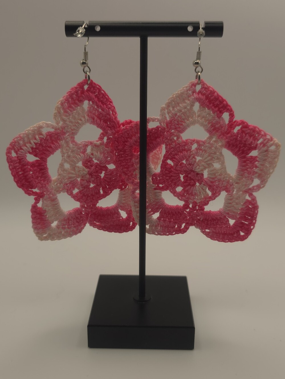 Hand Crafted Pink Gradient Crochet Flower Earrings - Picture 3 of 3